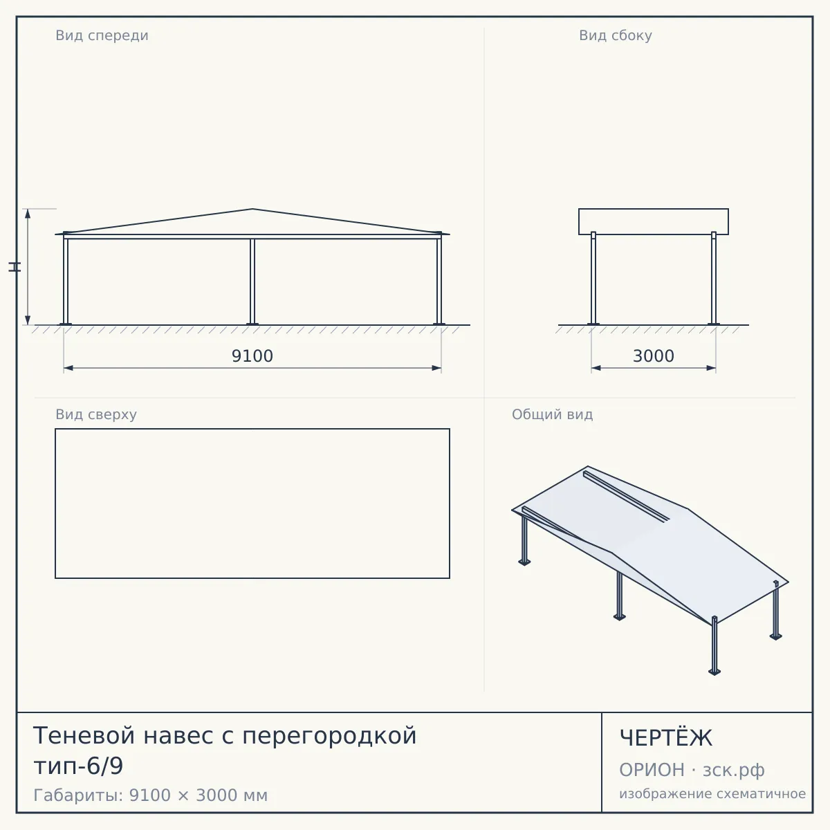 Теневой навес с перегородкой тип-6/9 — чертёж