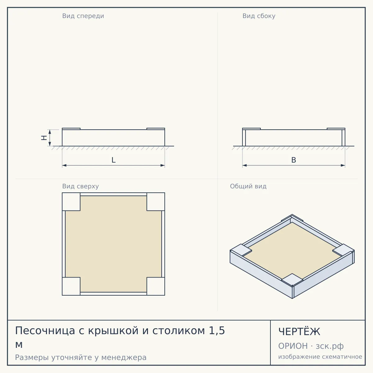 Песочница с крышкой и столиком 1,5 м — чертёж